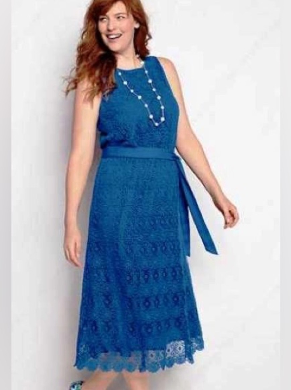 Lands' End Sleeveless Lace Column Midi Dress-Rich Cobalt Blue-Women Size 26W